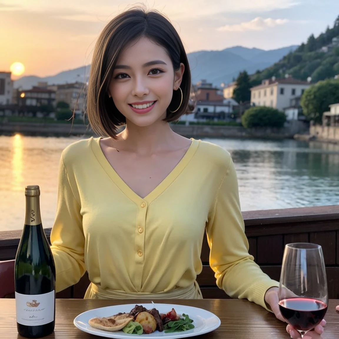 （Realistic:1.1）,(masterpiece,Highest quality)，8k,(56 years old), 53 years old, ベリーslimボディ、slimカップル、Tight waist,Upper Body,full-course dinner、wine 、Amazing view of the sunset sky and clouds、Perfect Anatomy, Brown Hair, short hair,Random Hairstyles,((Highly detailed face and eyes:1.2))，Perfect golden ratio face，Long sleeve shirt、dress,(smile:1.2)、Shortcuts、cute、(Realistic, Intricate details:1.2), A bright smile、short hair,Bright Face、赤wine 、Appetizers、Italian food、wine bottle、Champagne、スパークリングwine、(slimな顔), (The body is slim), (Brown Hair), (Shortcuts),  Upper Body, 白wine, slim, wineグラス, 