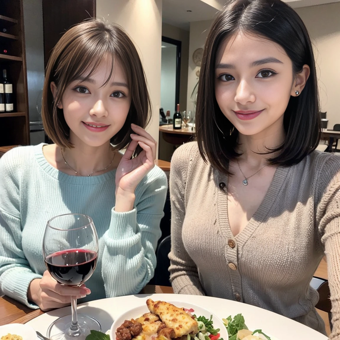 (Realistic:1.1),(masterpiece,Highest quality),8k,(56 years old), 53 years old, ベリーslimボディ、slimカップル、Tight waist,Upper Body,full-course dinner、wine 、Amazing view of the sunset sky and clouds、Perfect Anatomy, Brown Hair, short hair,Random Hairstyles,((Highly detailed face and eyes:1.2)),Perfect golden ratio face,Long sleeve shirt、dress,(smile:1.2)、Shortcuts、cute、(Realistic, Intricate details:1.2), A bright smile、short hair,Bright Face、赤wine 、Appetizers、Italian food、wine bottle、Champagne、スパークリングwine、(slimな顔), (The body is slim), (Brown Hair), (Shortcuts), Upper Body, 白wine, slim, wineグラス,