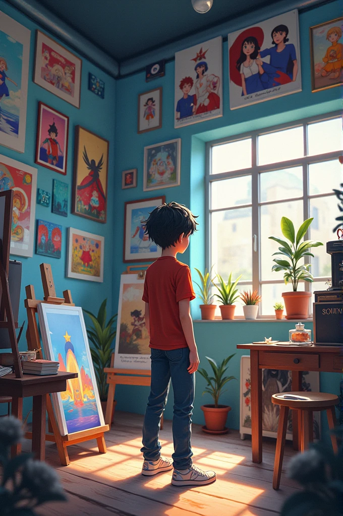 18 years boy in art studio and wall on anime art freams