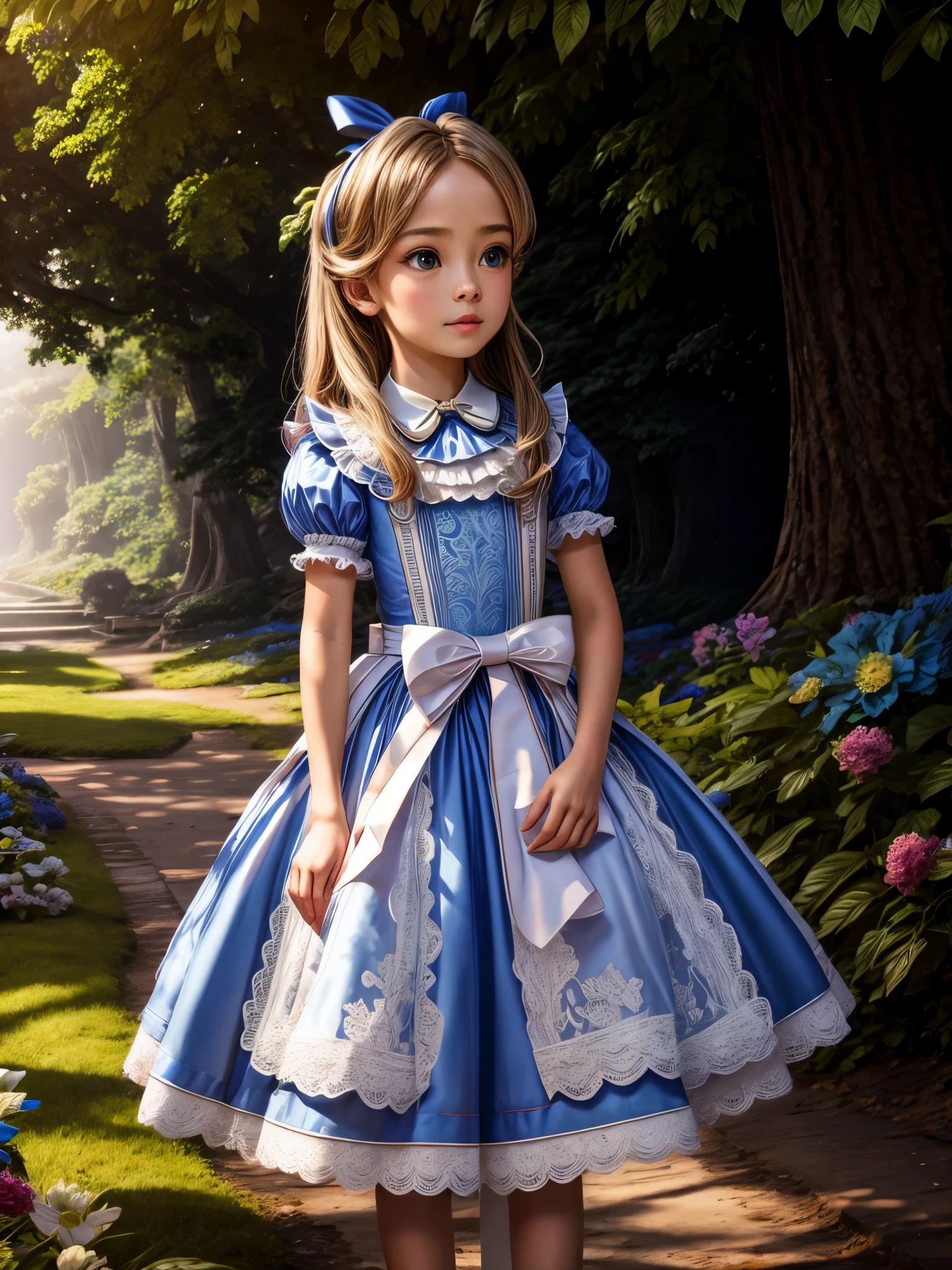 1 girl, Masterpiece, Best Quality, 8k, UHD, absurdres, full body, slim, anatomically correct, detailed skin texture, detailed fabric texture, beautiful detailed face, intricate details, ultra detailed, Alice in Wonderland, (a bow on his head:1.1), (((full body shot)))