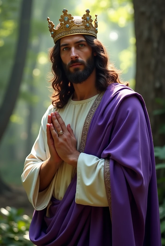 Perfect hand 5 finger, Portrait of a handsome Jesus Christ  wearing the purple king clothes with king crown in the magic forest, Jesus Christ, real blue eyes, sunny day, intricate details.real Jesus Christ, straight head face, Straight body.Prayer Jesus Christ, perfect full body,  perfect hands finger,Prayer Jesus Christ, praying Jesus Christ backgrounds natural photographic