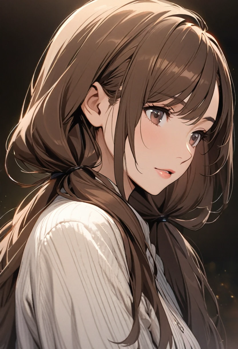 Solo, 1girl, Long Hair, low twin tails, brown hair, dark brown eyes, mature, high detail, adult, calm, bangs swept to the side
