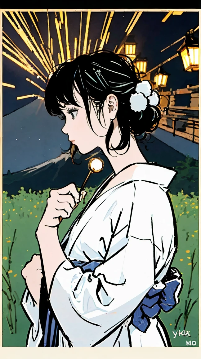 A beautiful girl in a Japanese shrine wearing a traditional yukata, her black hair in a profile view, with lantern light and fireworks in the night sky, against the backdrop of Mount Fuji
(best quality,4k,8k,highres,masterpiece:1.2),ultra-detailed,(realistic,photorealistic,photo-realistic:1.37),1girl,yukata,black hair,profile,fair skin,shrine,night,lantern light,fireworks,mt.fuji,hanabi,cinematic lighting,detailed background,vibrant colors,intricate details