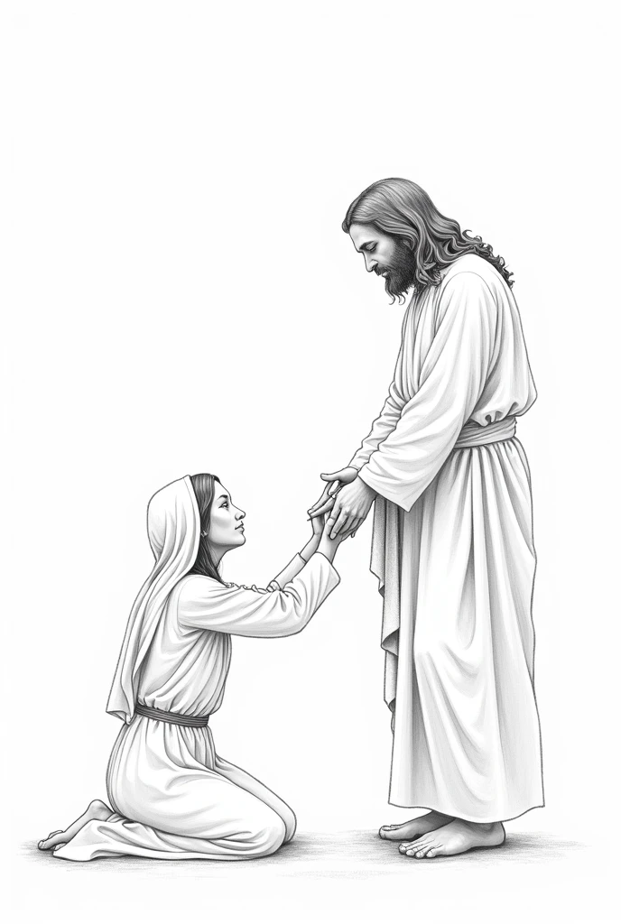 Make a black and white image, in the form of a less marked drawing that comes out, Me repenting before Jesus, Son of God, and Jesus comforting me by giving me a hug, I am a woman