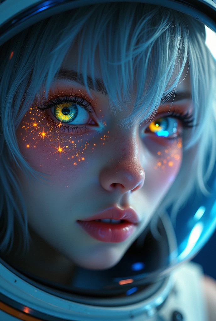 (Close-up of a better masterpiece:1.5)0.9], (Space and astronauts:1.2) (Messy silver hair:1.1) (Heterochromia xanthochromia and blue eyes:1.2) (Space Helmet:1.0) (Colored stars in the eyes:1.0) (A radiant glow:1.1) (thick lips:0.9)