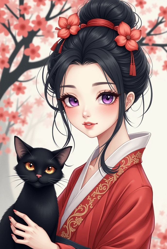 Portrait of an ancient Chinese beauty,
with white skin and purple and black eye
makeup,
with cherry blossoms in the background
wearing a red dress,
in the style of a Chinese illustration,
with dark white and light gray colors,
with black cat,
an elegant portrait,
charming characters in the style of anime,
and an ink painting