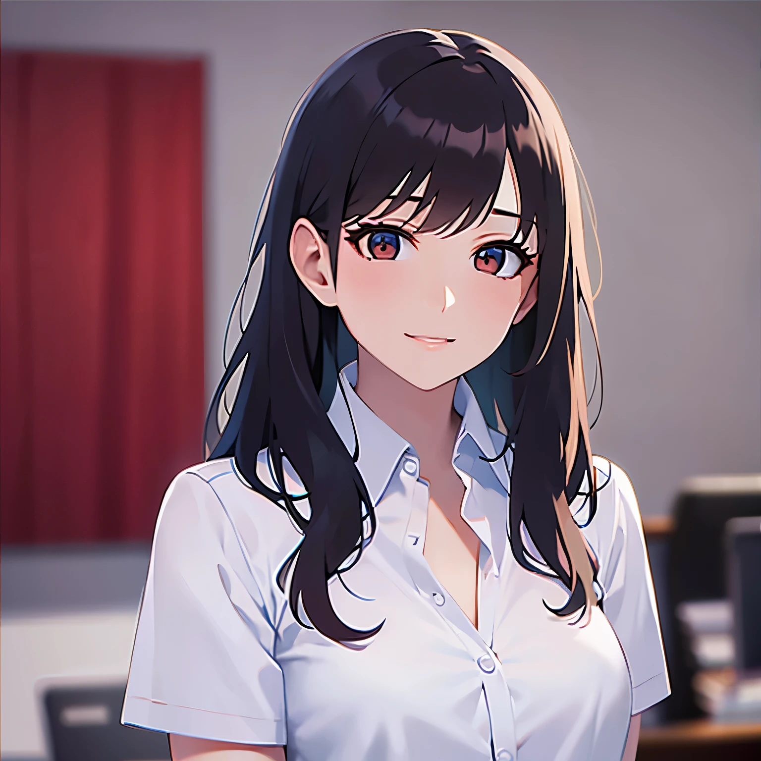 Upper Body, Realistic, real person, (pale skin: 1.2), RAW photo, photorealistic, shiny skin, shiny hair、(A 25-year-old woman with medium-length hair and bangs) and (wavy hair) and (brown hair) and (orange eyes) , (business suit:1.5) and (white collared shirt) 、smile, Background is an office room、Alone、Are standing