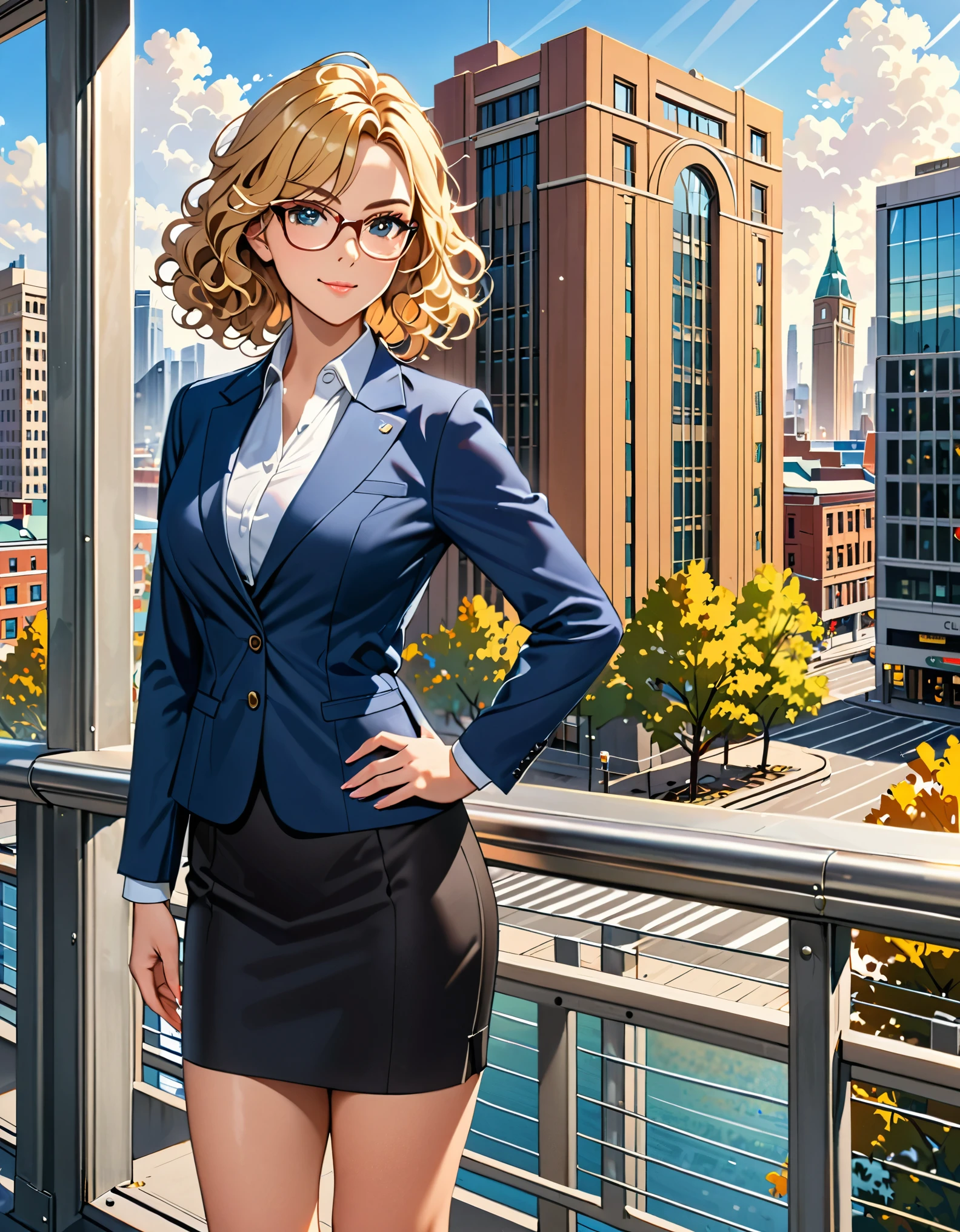 masterpiece, best quality, hires, 1girl, medium breasts, suit, skirt, pencil skirt, bare legs, glasses, shoes, city backdrop, solo, single, hands on hip, standing, full body shot, cowboy shot, beautiful detailed eyes, beautiful detailed face, (blonde hair, (short hair, wavy hair)), high school backdrop, outdoors, mature lady, teacher, perfect body, good proportions