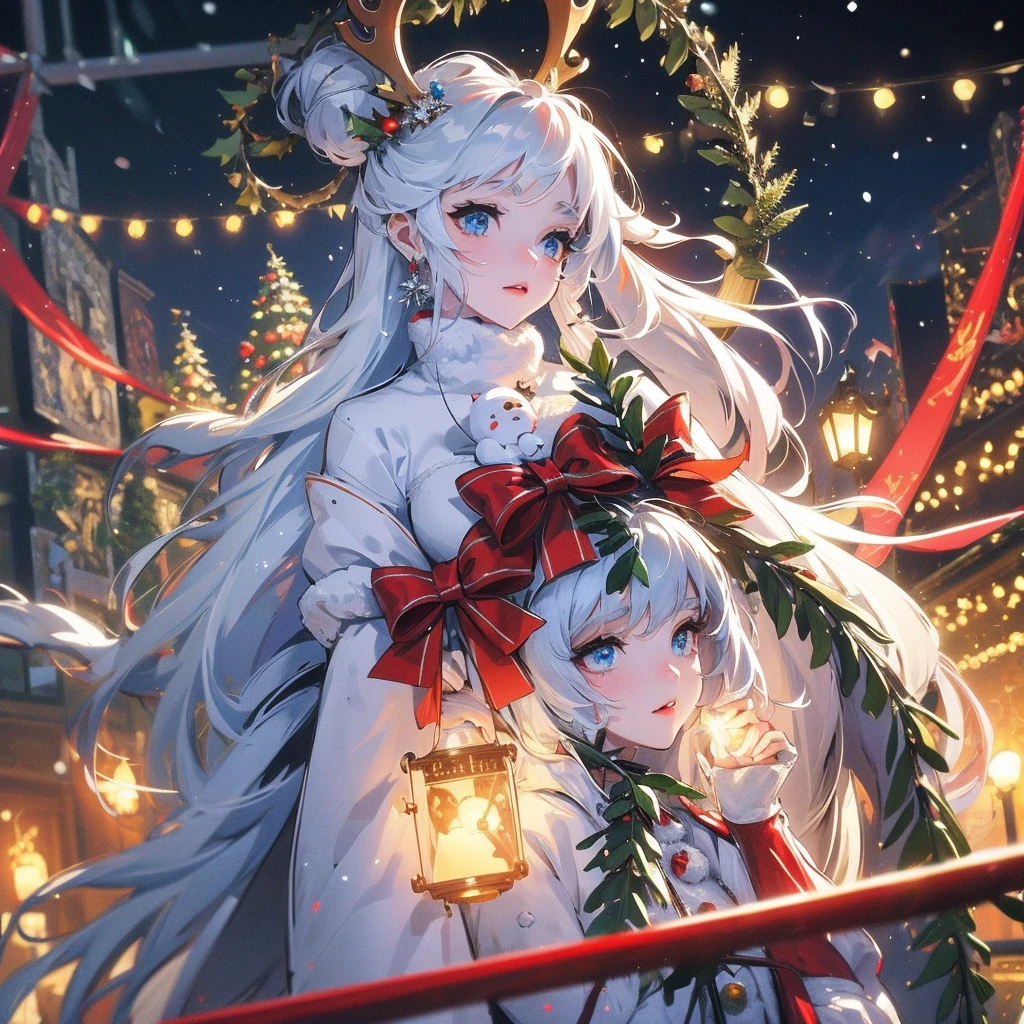 Christmas theme, 1 cute beautiful snowman, cyborg, 8k, hd, unreal engine, masterpiece, 4k, extra details, Christmas decoration, snow, close face, Christmas cosplay, 