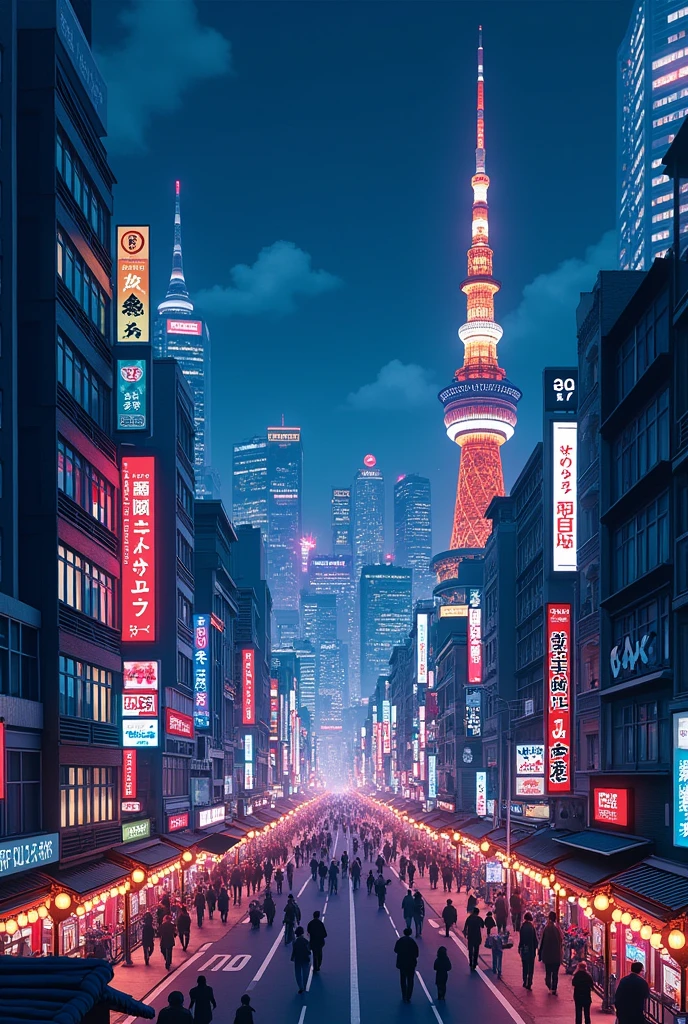Japanese 2d animation. Tokyo's nocturnal landscape is a mesmerizing interplay of modernity and tradition, where neon lights and historical architecture converge in a dynamic urban tapestry. As the sun sets, the city's skyline transforms into a luminous spectacle, with towering skyscrapers like the Tokyo Tower and the Mori Building illuminated by a cascade of colorful LED displays. The vibrant district of Shibuya comes alive with its famous crossing, a pulsating sea of people and vehicles, while the serene temples of Asakusa, such as Senso-ji, offer a stark contrast with their softly lit lanterns casting a tranquil glow. In areas like Roppongi, the fusion of high-end nightlife and contemporary art galleries creates a cosmopolitan ambiance, while the narrow alleyways of Omoide Yokocho and Golden Gai in Shinjuku echo the nostalgic charm of post-war Japan. This nocturnal spectacle is not merely a visual feast but a reflection of Tokyo's diverse cultural layers, where traditional rituals and cutting-edge technology harmoniously coexist under the shimmering veil of the night sky.