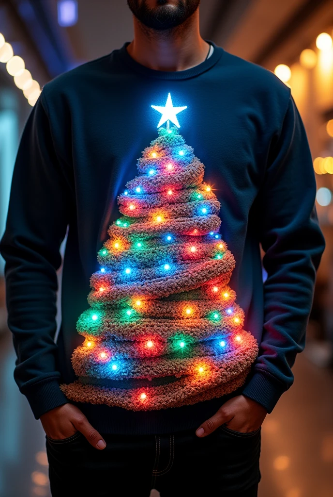 Interesting and novel Christmas tree sweatshirt creative decoration： Add creative decoration to sweatshirts，Like colorful lights、Shiny decorations, etc.，Make the design more unique。
Personalization elements： 考虑添加一些Personalization elements，Wearable LED lights、music, etc，Enhance the fun and uniqueness of sweatshirts。
Style design：

Creative Style： 可以选择不同寻常的Style design，Such as symmetrical and asymmetrical cutting、Splicing of different materials, etc.，Highlight personality。
Pattern layout： Pattern design can be on the chest、sleeve、Behind and other positions，Consider the fun of displaying the design from multiple angles。
