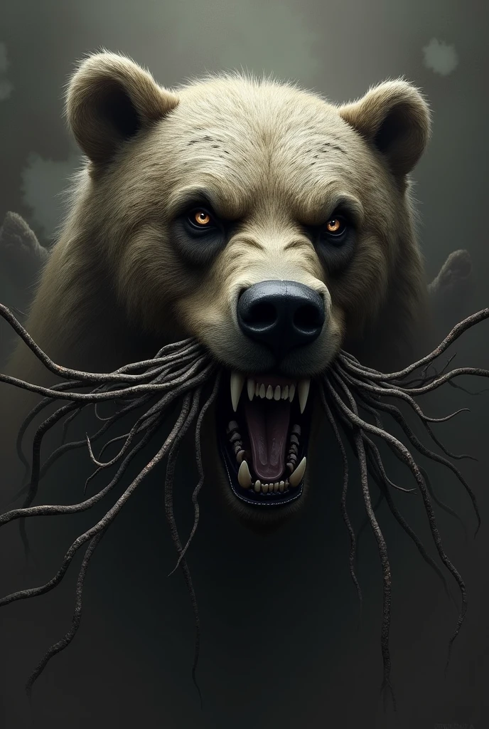 Scary bear head hold wires in a mouth 