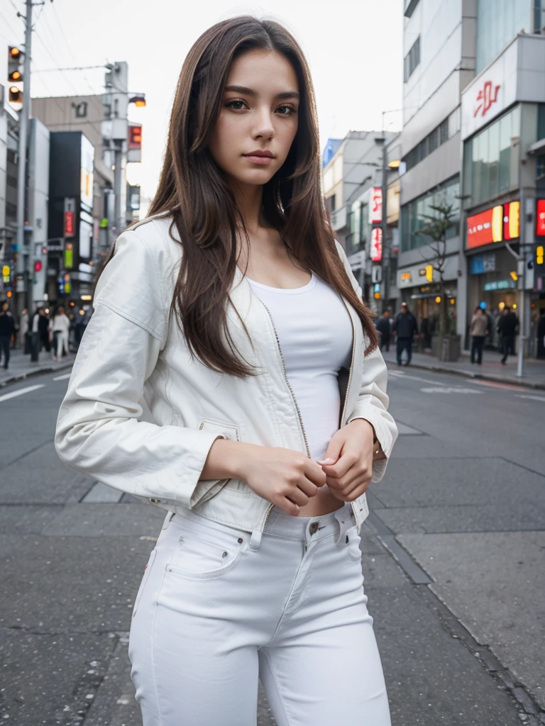 beautiful woman, beautiful face, attractive appearance, very detailed, long hair, 18 years old, leather jacket, white t-shirt, long pants, Tokyo background.