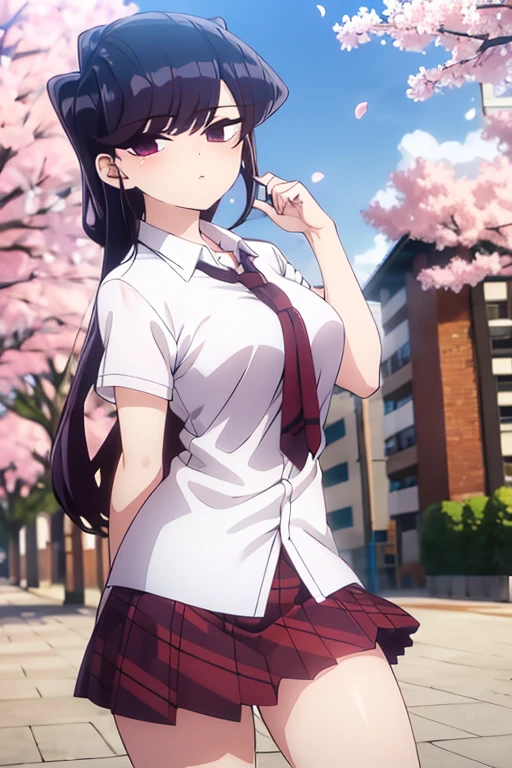 Dark purple hair, dark purple eyes, white shirt, red school skirt, cherry blossom trees, petals falling 