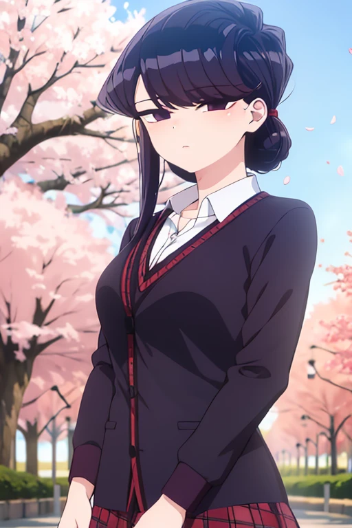 Dark purple hair, dark purple eyes, white shirt, red school skirt, cherry blossom trees, petals falling