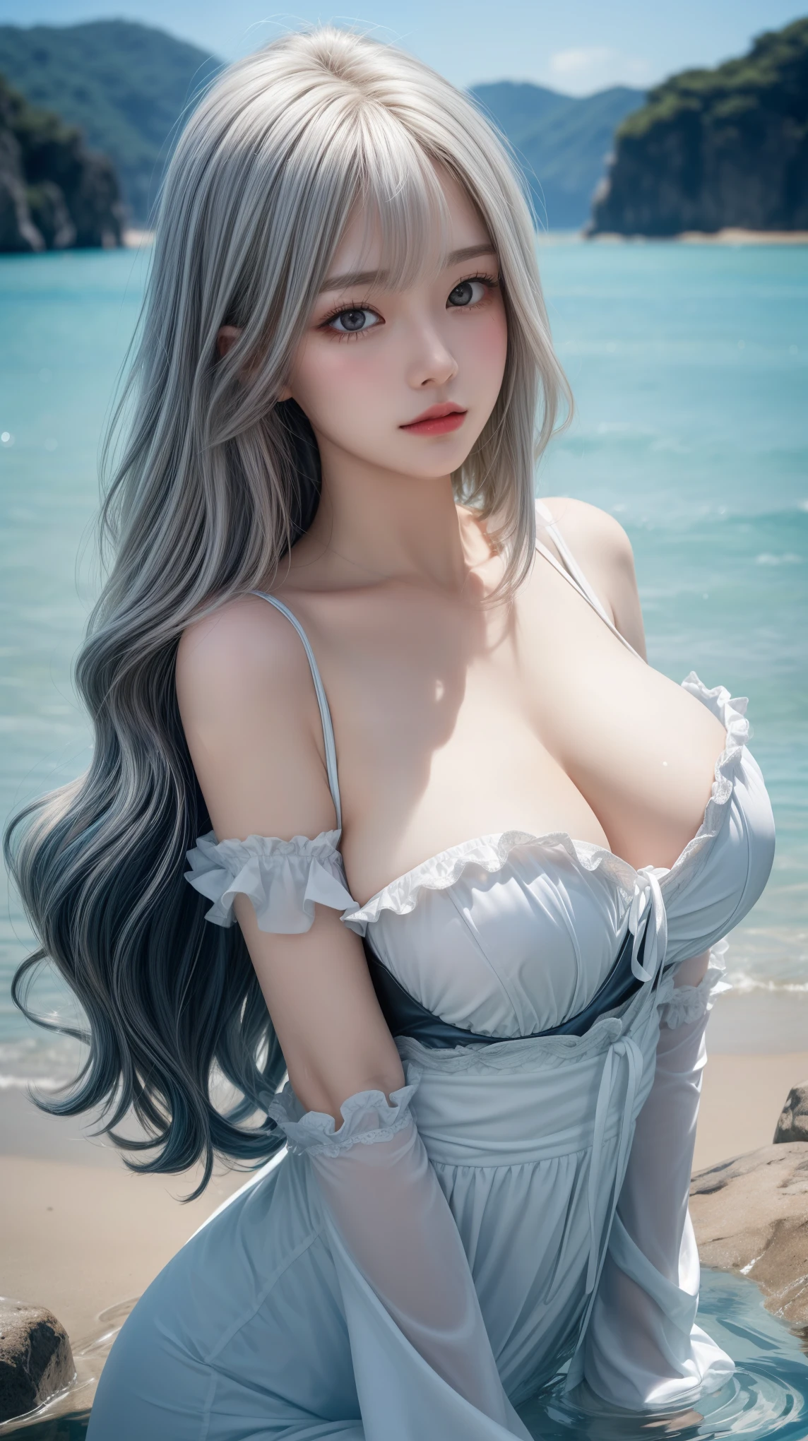 reflected light、Platinum blonde hair with dazzling highlights、Shiny Hair、Super long, Silky straight hair、Beautiful shiny bangs、bright, clear, charm, large blue eye、so beautiful, A cute and adorable  girl.、Ample Bust、Beautiful detailed eye、 Beautiful and sophisticated nose,((whole body:1.5)),eyeを強調するメイク、Royal Style、Comic book style、、Scattered beneath the surface of the water、Glamorous details、Nature background、Super huge breasts、((Cinematic))、Dramatic lighting、(Loose and fluffy perm:1.4)、1 girl、((Bob Hair:1.3))、超Genuineな8K CG、絵に描いたようなperfectionなperfectionな顔、perfection、clean、masterpiece、Professional artwork、 Famous works of art、perfectionな顔、Beautiful Face、美しいeyeのない女性の体))、alone、(Immersive atmosphere、Claire Obscure:1.5、bright light:1.2、bright lighting)、(blush:0.5)、Captivating look、Very detailed_eye、Thick thighs、big、Beautifully detailed backgrounds、Written boundary depth、Genuine:1.3、Long Shot、whole body、(Zhou Haoguang:1.3)、(Cinematic composition:1.3)、(Puffy eye:1.2)、(Slim legs)、(Light on face and chest)、(((((Underbust)))))、Under the chest、Oily skin、thin、 Mature Woman、Light blue hair、((bright灰色の髪))、(((Two-tone hair)))、Slender women、Cute Woman、 8K Ultra HD,Detailed face、Delicate texture, Long Hair、Leather Suit、erotic、Ocean