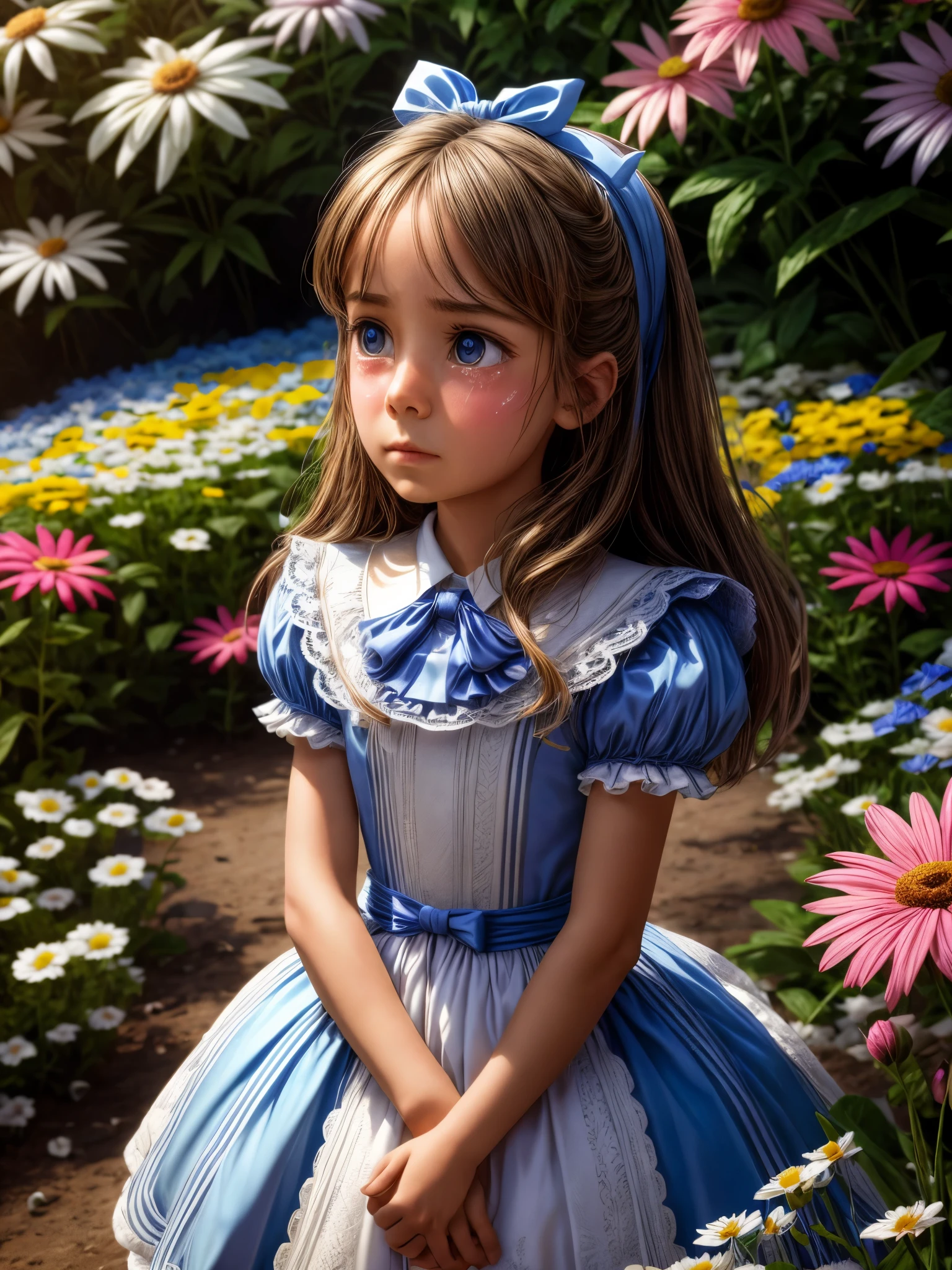 1 girl, Masterpiece, Best Quality, 8k, UHD, absurdres, full body, slim, anatomically correct, detailed skin texture, detailed fabric texture, beautiful detailed face, intricate details, ultra detailed, Alice in Wonderland, (a bow on his head:1.1), (((full body shot))), Lost and frightened look in search of an escape. The girl cries desperately. Colorful flowers all around, in foreground and in background.