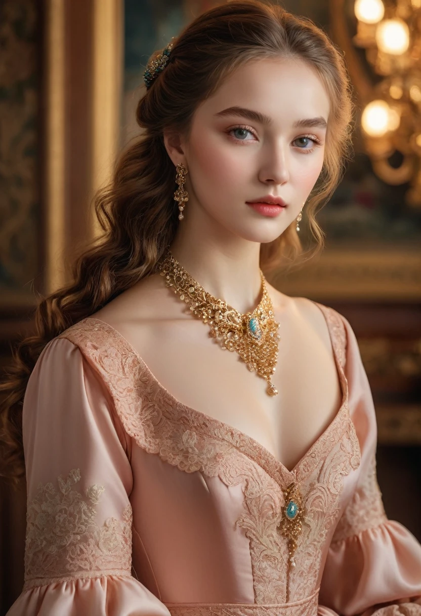 (best quality,4K,8K,high resolution,masterpiece:1.2),Extremely detailed,(Practical,photoPractical,photo-Practical:1.37),portrait,,Pastel,personalized masterpiece,18th century,Russian,Noble,girl,Noble Daughter,18 years old,Extremely beautiful,Face,Expressive eyes,Delicate nose,Sweet lips,Porcelain skin,红扑扑的Face,flowing curls,Silk dress,solemn gesture,Fine Jewelry,Embroidered lace collar,Grand Background,Rich interior,Faint golden light