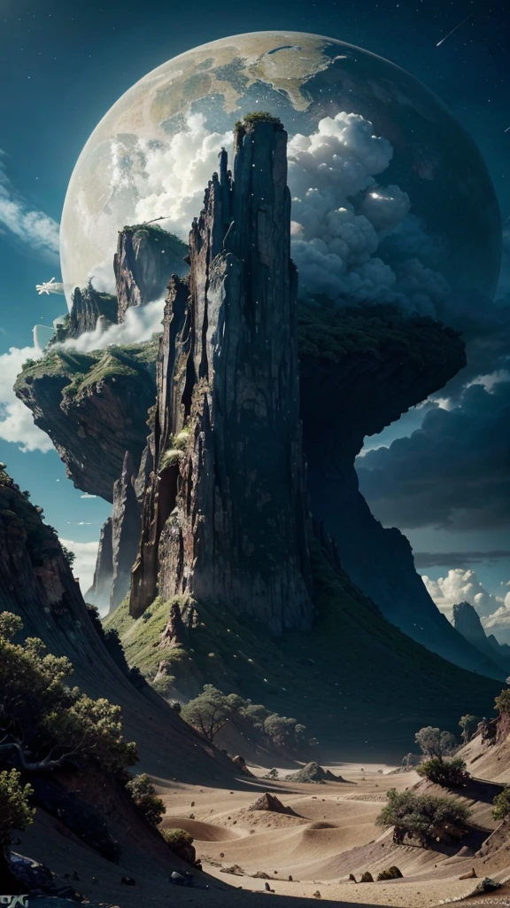 a lush alien planet, detailed fantasy landscape, massive floating islands, surreal alien flora and fauna, cinematic lighting, dramatic cloud formations, glowing alien crystals, epic sci-fi scene, vibrant neon colors, (best quality,4k,8k,highres,masterpiece:1.2),ultra-detailed,(realistic,photorealistic,photo-realistic:1.37),cinematic composition, stunning vista, awe-inspiring scale
