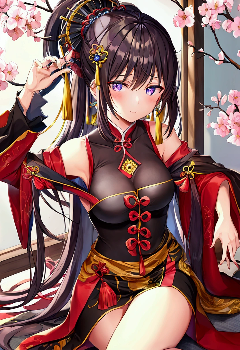 Portrait of an ancient Chinese beauty,
with white skin and purple and black eye
makeup,
with cherry blossoms in the background
wearing a red dress,
in the style of a Chinese illustration,
with dark white and light gray colors,
with black cat,
an elegant portrait,
charming characters in the style of anime,
and an ink painting