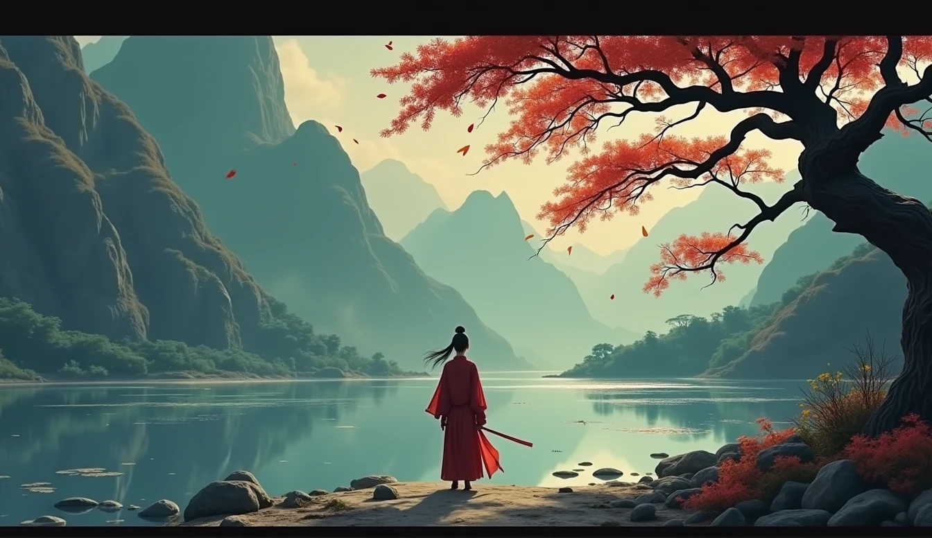 One picture describes five scenes,Movie storyboard scene 1:The sky rises straight up and destroys the vast,The Endless Tai Chi Long Scene 2:I haven't seen blood and grief for years,Forgetting Life and Death and Living in the Dust, Scene 3:Flying Stars Fly Far Away Crossing the Guan River,Ask the Lotus How to Know the Color of Ice and Snow Scene 4:Why hate the desolation after drinking,One Sorrow Is Not Enough to Unite the River Scene 5:The moon falls on the eaves of clothes,Borrowing a sword to pick flowers and scatter branches