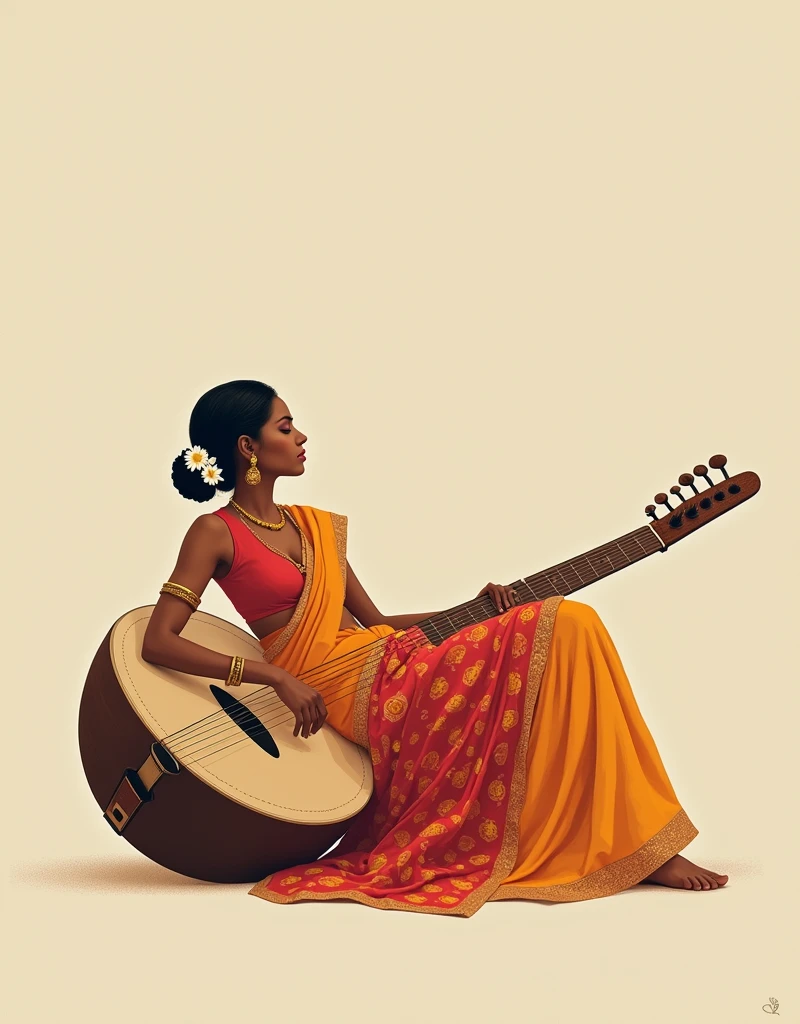 An exquisite minimalist masterpiece by Grace Paola Salome, capturing the essence of a young South Indian morden college woman. The woman is weares elegant sleeveless blouse in a vibrant, colorful chudidar with intricate patterns, draping fluidly around her graceful form. She is depicted in various romantic and feminine poses, expressing both her strength and vulnerability. The artist's skillful use of simplified lines and subtle curves creates an intimate atmosphere, inviting the viewer to become immersed in her joyful laughter. The woman She was lying on a huge south Indian traditional Veena her side with her eyes closed, one hand supporting her head and the other resting on a surface. She is adorned with gold jewelry and her hair is styled in a low bun, decorated with white flowers. The canvas is intentionally sparse, allowing her presence to shine and captivate the viewer. This conceptual art piece masterfully balances
