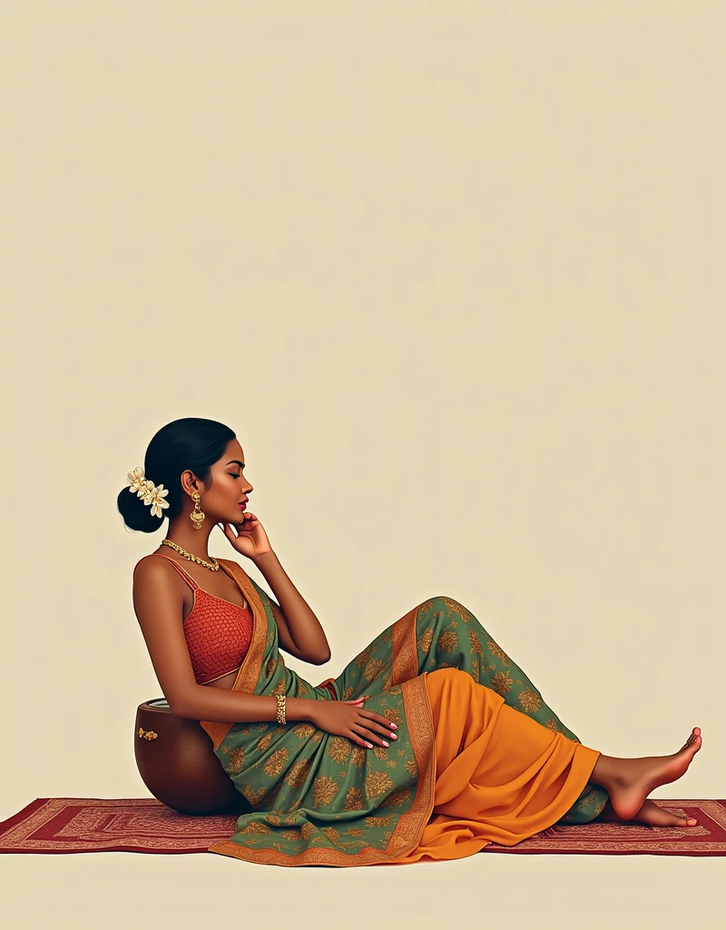 An exquisite minimalist masterpiece by Grace Paola Salome, capturing the essence of a young South Indian morden college woman. The woman is weares elegant sleeveless blouse in a vibrant, colorful chudidar with intricate patterns, draping fluidly around her graceful form. She is depicted in various romantic and feminine poses, expressing both her strength and vulnerability. The artist's skillful use of simplified lines and subtle curves creates an intimate atmosphere, inviting the viewer to become immersed in her joyful laughter. The woman She was lying on a huge south Indian traditional Veena her side with her eyes closed, one hand supporting her head and the other resting on a surface. She is adorned with gold jewelry and her hair is styled in a low bun, decorated with white flowers. The canvas is intentionally sparse, allowing her presence to shine and captivate the viewer. This conceptual art piece masterfully balances