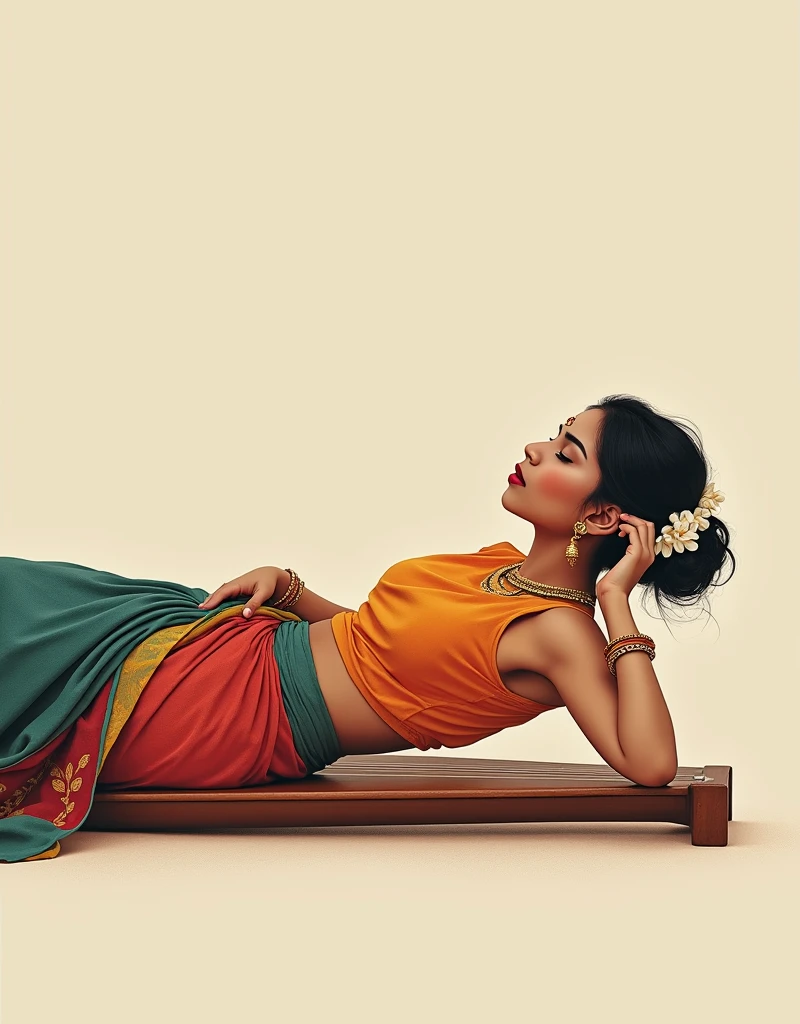 An exquisite minimalist masterpiece by Grace Paola Salome, capturing the essence of a young South Indian morden college woman. The woman is weares elegant sleeveless blouse in a vibrant, colorful chudidar with intricate patterns, draping fluidly around her graceful form. She is depicted in various romantic and feminine poses, expressing both her strength and vulnerability. The artist's skillful use of simplified lines and subtle curves creates an intimate atmosphere, inviting the viewer to become immersed in her joyful laughter. The woman She was lying on a huge south Indian traditional Veena her side with her eyes closed, one hand supporting her head and the other resting on a surface. She is adorned with gold jewelry and her hair is styled in a low bun, decorated with white flowers. The canvas is intentionally sparse, allowing her presence to shine and captivate the viewer. This conceptual art piece masterfully balances