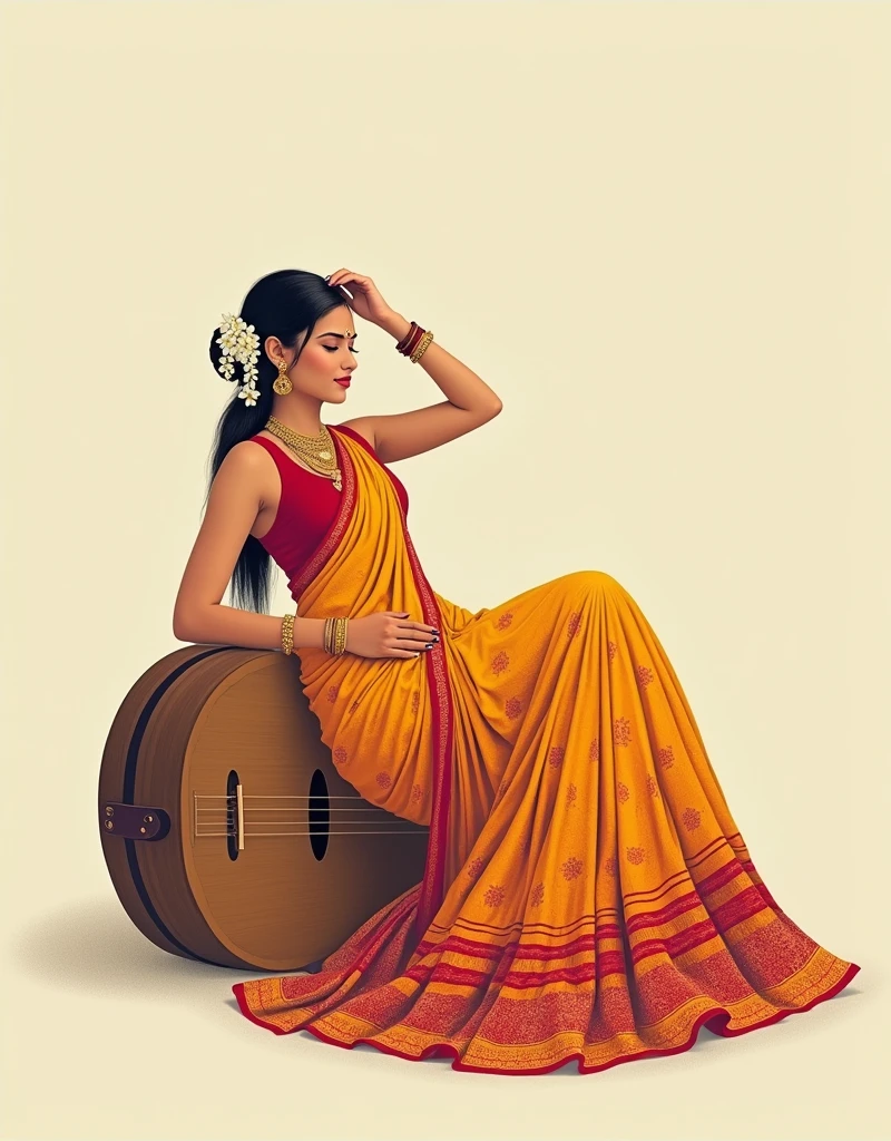 An exquisite minimalist masterpiece by Grace Paola Salome, capturing the essence of a young South Indian morden college woman. The woman is weares elegant sleeveless blouse in a vibrant, colorful chudidar with intricate patterns, draping fluidly around her graceful form. She is depicted in various romantic and feminine poses, expressing both her strength and vulnerability. The artist's skillful use of simplified lines and subtle curves creates an intimate atmosphere, inviting the viewer to become immersed in her joyful laughter. The woman She was lying on a huge south Indian traditional Veena her side with her eyes closed, one hand supporting her head and the other resting on a surface. She is adorned with gold jewelry and her hair is styled in a low bun, decorated with white flowers. The canvas is intentionally sparse, allowing her presence to shine and captivate the viewer. This conceptual art piece masterfully balances