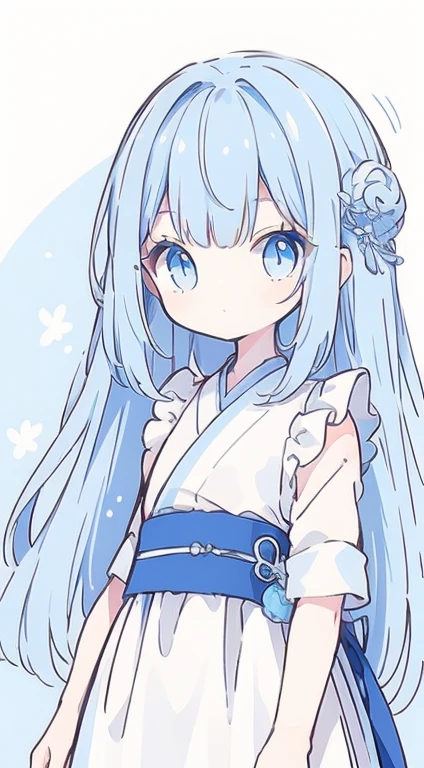 , Heavenly Beauty, Wearing a blue Chinese dress,, Girl in Han Dress, Wearing a blue Chinese dress, Summer is full of fairies, White Hanfu, , , Light blue、high resolution、Ultra delicate、Super beautiful、Simple Background、Luxury Dresses