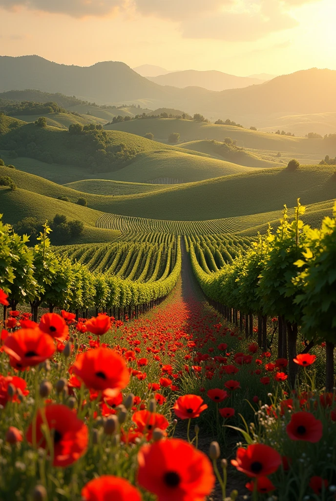 a beautiful detailed landscape, rolling hills of vineyards, ripe burgundy grapes, vibrant red poppies, golden sunlight, soft warm tones, lush greenery, winding paths, atmospheric depth, photorealistic, 8k, hyperdetailed, masterpiece, professional digital art
