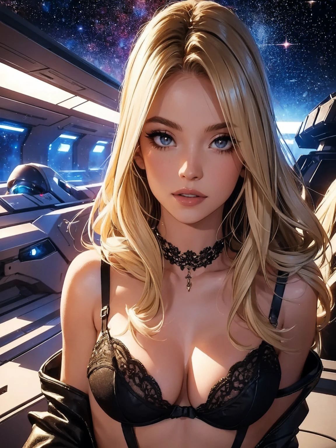 1girl,a beautiful fashion model ,(masterpiece, detailed background, best quality), shiny shoulder length hair, light blonde hair with blonde highlights dark roots, ,smirk,juicy lips, full lips, calmart, lingerie, stripping, elegant makeup, sci fi environment,(space cruise), (space cowboy)