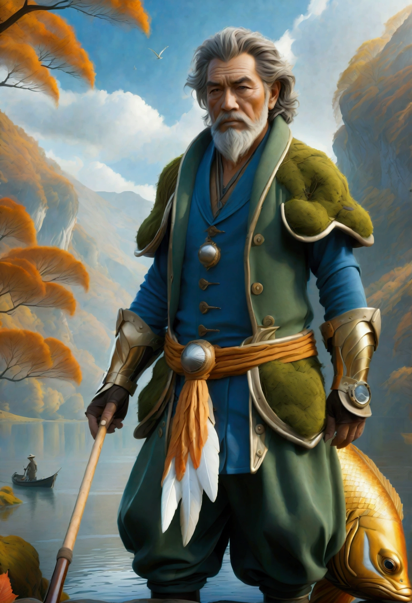 photoshoot, fantasy landscape, mythological creatures, fisherman, fishing, autumn setting, Hasselblad, state-of-the-art-quality, fairy ambient, (best quality,4k,8k,highres,masterpiece:1.2),ultra-detailed,(realistic,photorealistic,photo-realistic:1.37),highly-detailed, dramatic lighting, epic, cinematic, intricate details, vibrant colors, rich textures, muted tones, warm lighting, moody atmosphere, magical, dreamlike, whimsical, ethereal, mystical, fantastical, surreal, conceptual, photorealistic, digital painting
