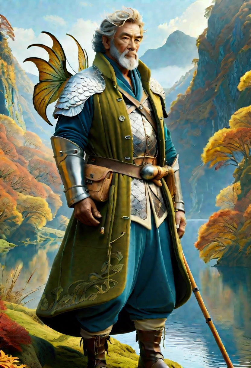 photoshoot, fantasy landscape, mythological creatures, fisherman, fishing, autumn setting, Hasselblad, state-of-the-art-quality, fairy ambient, (best quality,4k,8k,highres,masterpiece:1.2),ultra-detailed,(realistic,photorealistic,photo-realistic:1.37),highly-detailed, dramatic lighting, epic, cinematic, intricate details, vibrant colors, rich textures, muted tones, warm lighting, moody atmosphere, magical, dreamlike, whimsical, ethereal, mystical, fantastical, surreal, conceptual, photorealistic, digital painting