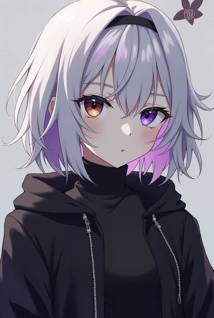 storyfell chara, girl -18, black summer top, grey skin tone, black jacket, closed mouth, 3 eyes one on the left and 2 small thin eyes on the right emotionless look like a spider, hair between eyes, long sleeves, looking at viewer, multicolored hair, silver hair, heterochromia eyes, black emotionless eye, three purple eyes, purple underhair, medium short hair, solo, jacket, black summer top, turtleneck, upper body