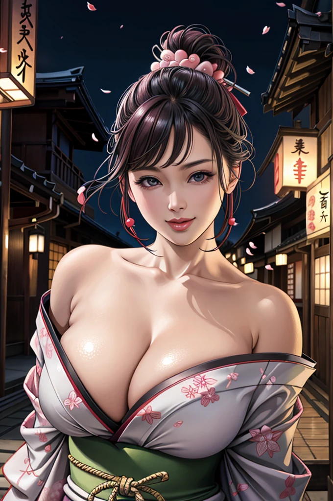 (Browsing Caution), (RAW Photos), (Realistic), (Photorealistic), Ultra-high resolution, masterpiece, Highest quality, Portraiture, facial Portraiture, Perfect lighting, Detailed lighting, Dramatic Shadows, Ray Tracing, Pure Eros Face_v1, Urzan-6500-v1.1, ((smile)), ((upper body:1.2)), ((cleavage)), ((random sexy pose)), looking at viewer, ((wearing a kimono)), ((off shoulders kimono)), ((holding a Japanese sword)), ((in old Japanese street)), ((night)), ((background with Cherry blossom)), ((Cherry blossom blizzard:1.2)),
