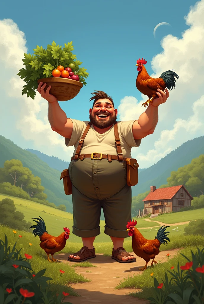 A chubby tall man is holding his harvest in front of his farm with chickens.