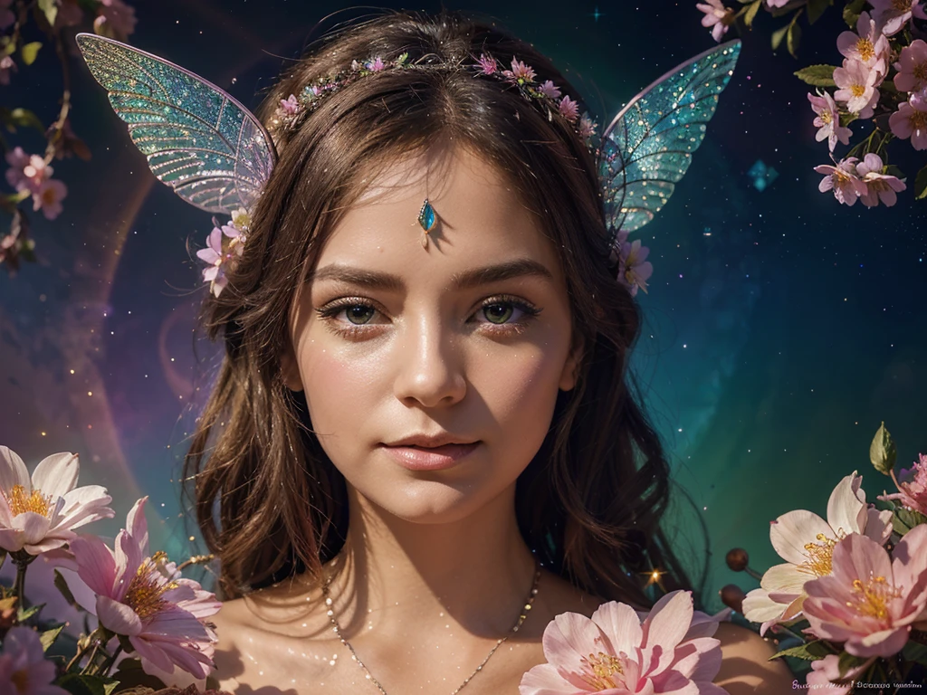 In a dazzling panoramic gouache painting, a resplendent fairy adorned in luminous crystals and shimmering petals captivates the eye. This detailed artwork showcases a whimsical scene of nature's enchantment. The fairy's wings glisten with an ethereal iridescence, casting rainbow hues across the vibrant floral backdrop. Each delicate feature is expertly rendered, creating a magical aura of fantasy and beauty. This image is a testament to the artist's skill and imagination, inviting viewers into a world of wonder and delight.