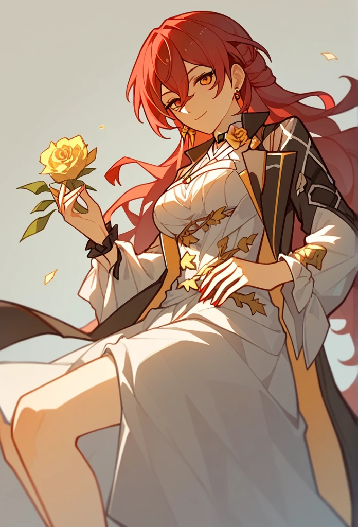 Himeko_\(honkai:_star_rail\), 1girl, red_hair, long_hair, golden_eyes, black_jacket, long_sleeves, hair_between_eyes, white_drees, very_long_hair, 