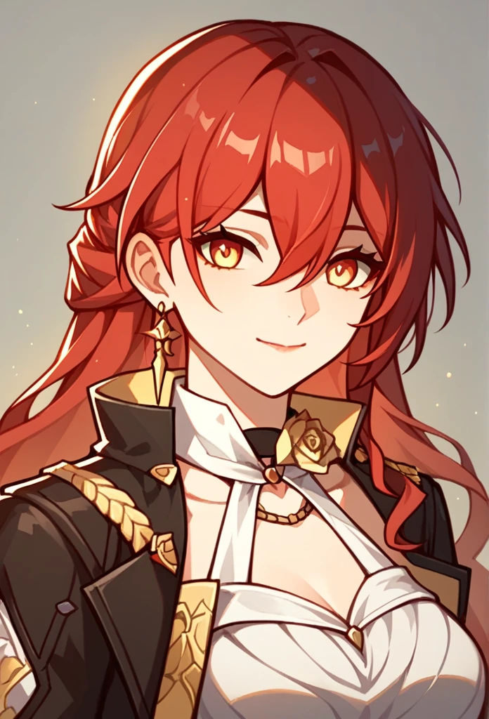 Himeko_\(honkai:_star_rail\), 1girl, red_hair, long_hair, golden_eyes, black_jacket, long_sleeves, hair_between_eyes, white_drees, very_long_hair,