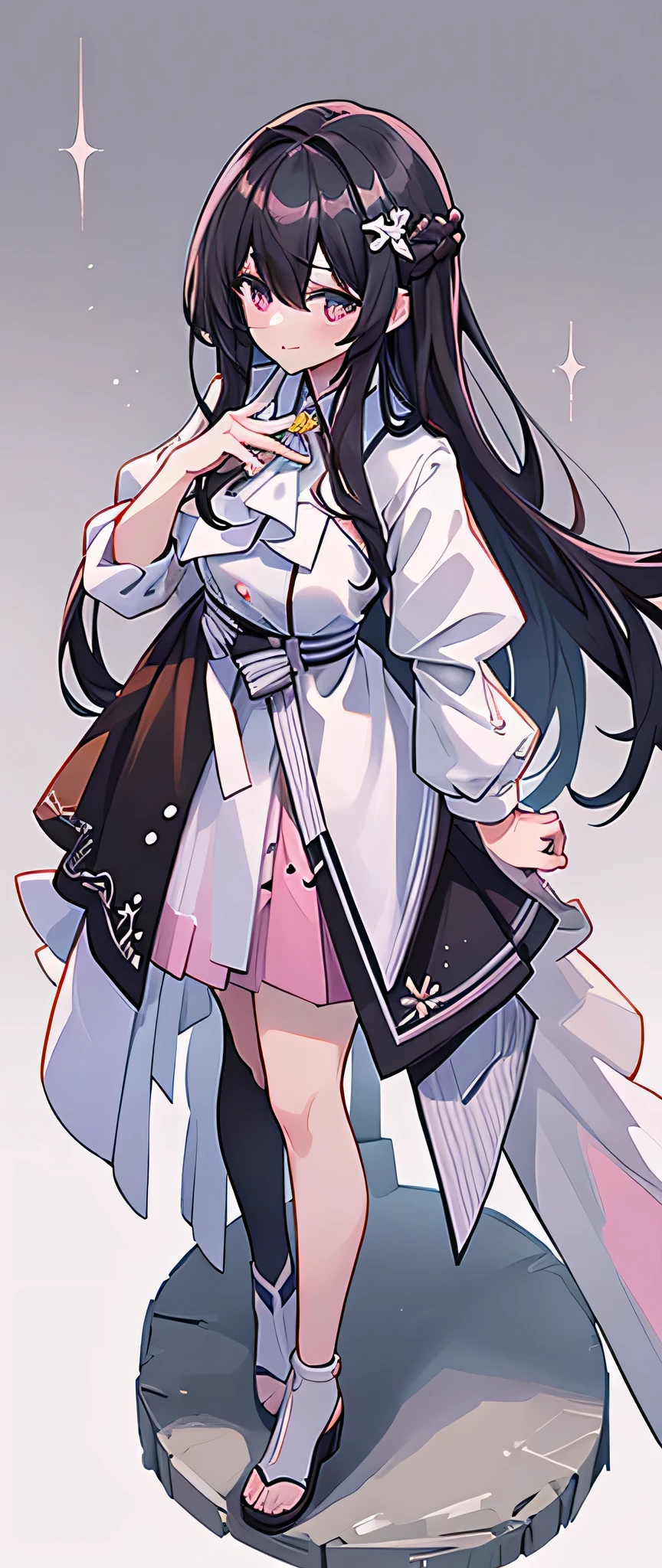 masterpiece、Sculpture Pose、(Perfect hands),(Perfect Anatomy),(masterpiece),(Highest quality)、From above、Long Hair、Inner color: Pink、Black Hair、standing,white ground,full body