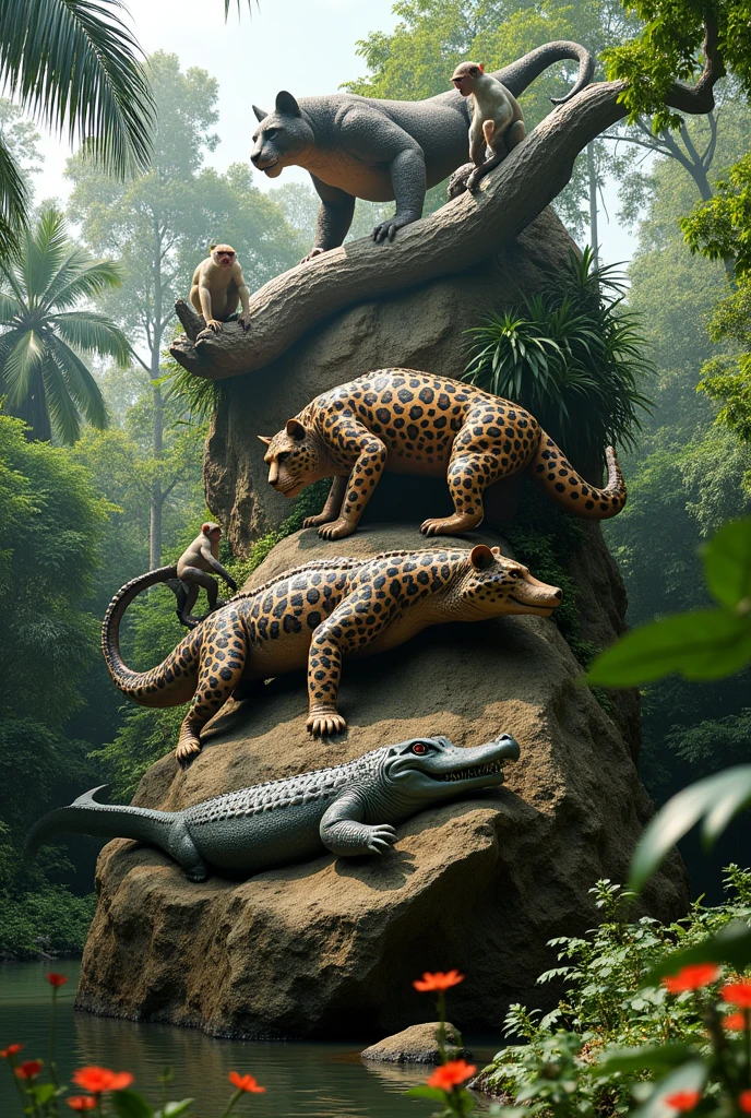 An imposing monument located in a lush jungle environment in Guatemala. The base of the monument is a large, natural rock, On which are sculpted detailed figures of the animals described by Virgilio Rodríguez Macal. In the middle, A majestic jaguar in a stalking position, showing its strength and elegance. at your side, A partially submerged alligator in a representation of a river, with its eyes and snout emerging from the water. On a sculpted branch extending from the rock, a quetzal with vibrant feathers and a long tail, symbolizing freedom and beauty. Near the jaguar, A group of monkeys playing and swinging on the branches, capturing its energy and dynamism. At the top of the monument, tangled in another branch, There is a snake with intricate details on its scales. The monument is surrounded by lush vegetation and tropical flowers., with the sun filtering through the foliage, creating a magical and natural environment.






