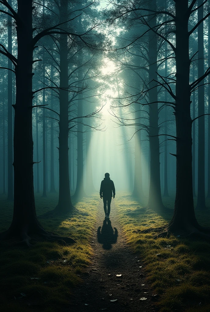 a forest with a shadow of a person 
