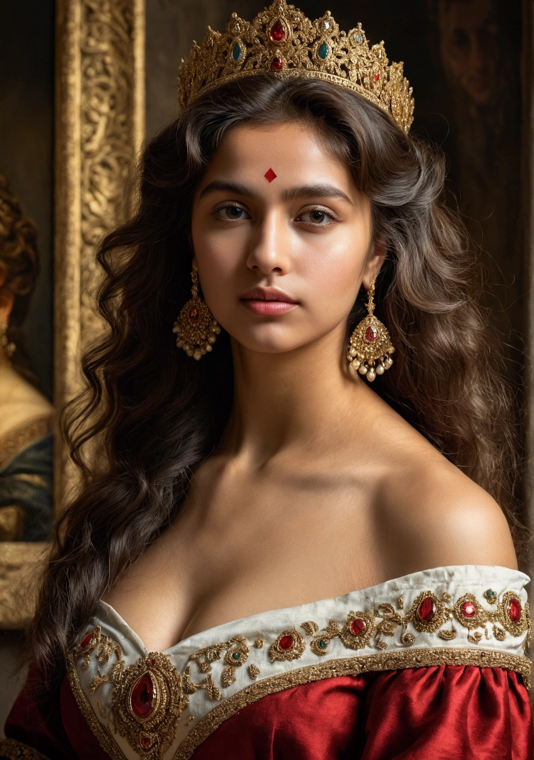 Best quality, highly detailed, masterpiece, Indian naked princess, Rajkanya, royal clothes, Masterpiece, extremely gorgeous woman, matchless Beauty, portrait, Peter Paul Rubens style, Woman, off shoulder bandeau crop blouse, middle ages, classicism, andrey atroshenko style, painting, long hair, styled hair, big tits, traditional media, realistic, figurative, fine art, detailed Art, oil on canvas, HDR, 8K, original character, high resolution, high detail, focus on the face, intricate, flawless, fluffy hair, Peter Paul Rubens style, By Peter Paul Rubens, sharp picture, avoid crown or mukut in picture,