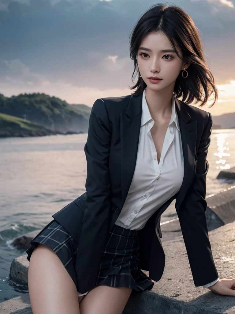 absurdres, RAW photo, extremely delicate and beautiful, masterpiece, Best Quality, ultra high resolution, 32k, hyper realistic, ultra-detailed, Very detailed CG 8k wallpaper, detailed background, landscape, Beautiful Lighting, Perfect Lightning, Realistic Shadows, perfect anatomy, anatomically correct, ideal ratio body proportions, perfect figure, Perfect Style, Perfect balance, super Detailed skin, in her 30s, very Slim body, narrow waist, very small head, very small face, delicate facial features, handsome detailed woman, very detailed eyes and face, realistic face proportions, Realistic beautiful face, Realistic beautiful eyes, tearful mole, earring, whole body shot, whole legs, whole Shin, (very huge round tits), medium short hair, asymmetrical hair, wavy hair, business suit, blazer, blouse, skirt,