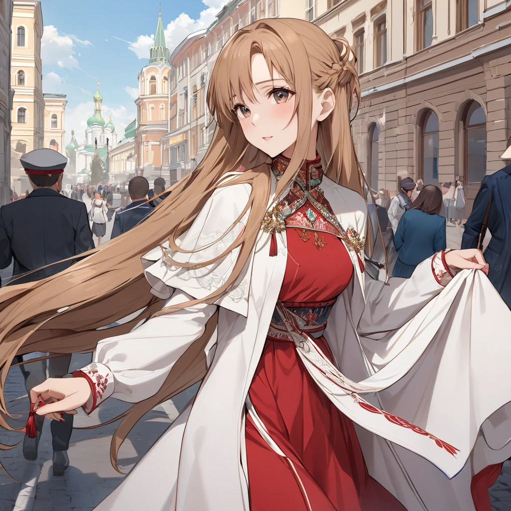 ((Highest quality)), ((masterpiece)), (detailed), (Perfect Face)、The woman is Yuuki Asuna, a Russian with light brown, semi-long hair.、In the streets of Russia, women are beautifully dressed in everyday Russian clothing and luxurious accessories.