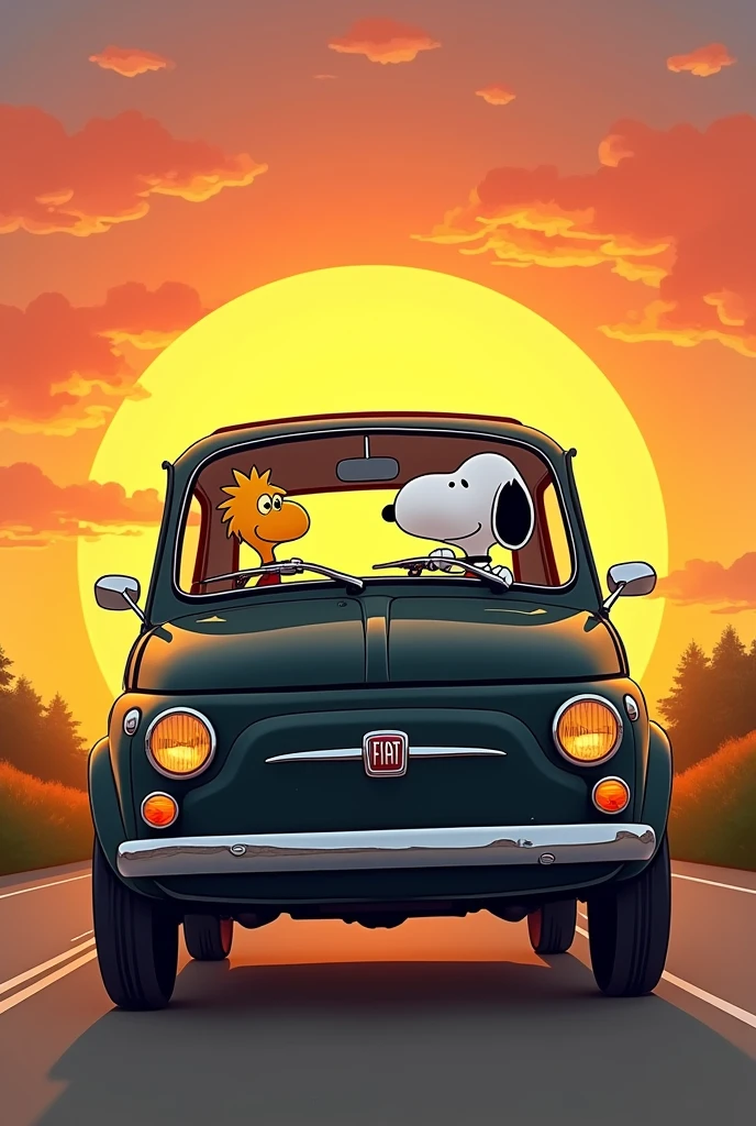 Snoopy and his friend the ( just the two of them ) in a car and Snoopy is driving and his bird is co-pilot and I want it to look from the front as if the car was going straight towards you and the car is black, Fiat brand and with a sunset in the background, 2D image Make it simpler like a drawing and I want it to be a hatchback style car and not a car without a roof