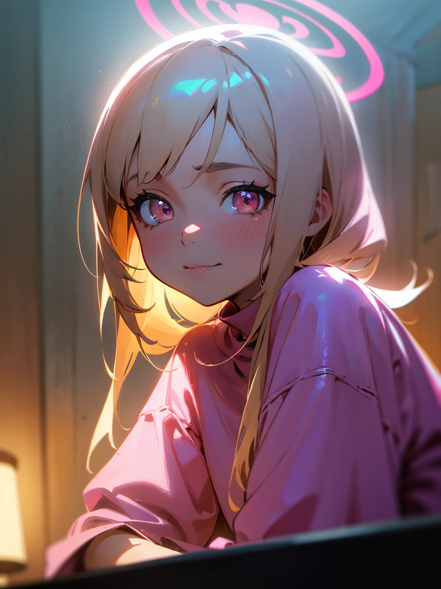 chromatic aberration, depth of field, soft lighting, masterpiece, best quality, intricate, tone mapped, highly detailed, artstation, concept art, smooth, sharp focus, dramatic lighting, highly detailed artwork, cinematic, hyper realistic painting, trending on Artstation, 8K, incredible shadows, realistic, (highly detailed background:1.0), A highly detailed portrait of a solo 1girl sitting in her room neon and cute background, she is wearing all pink clothes and wear heejab, she's a muslim girl, detailed glowing brown eyes with distinct pupils, ominous aura Halo, smile, punk, cute, backlighting