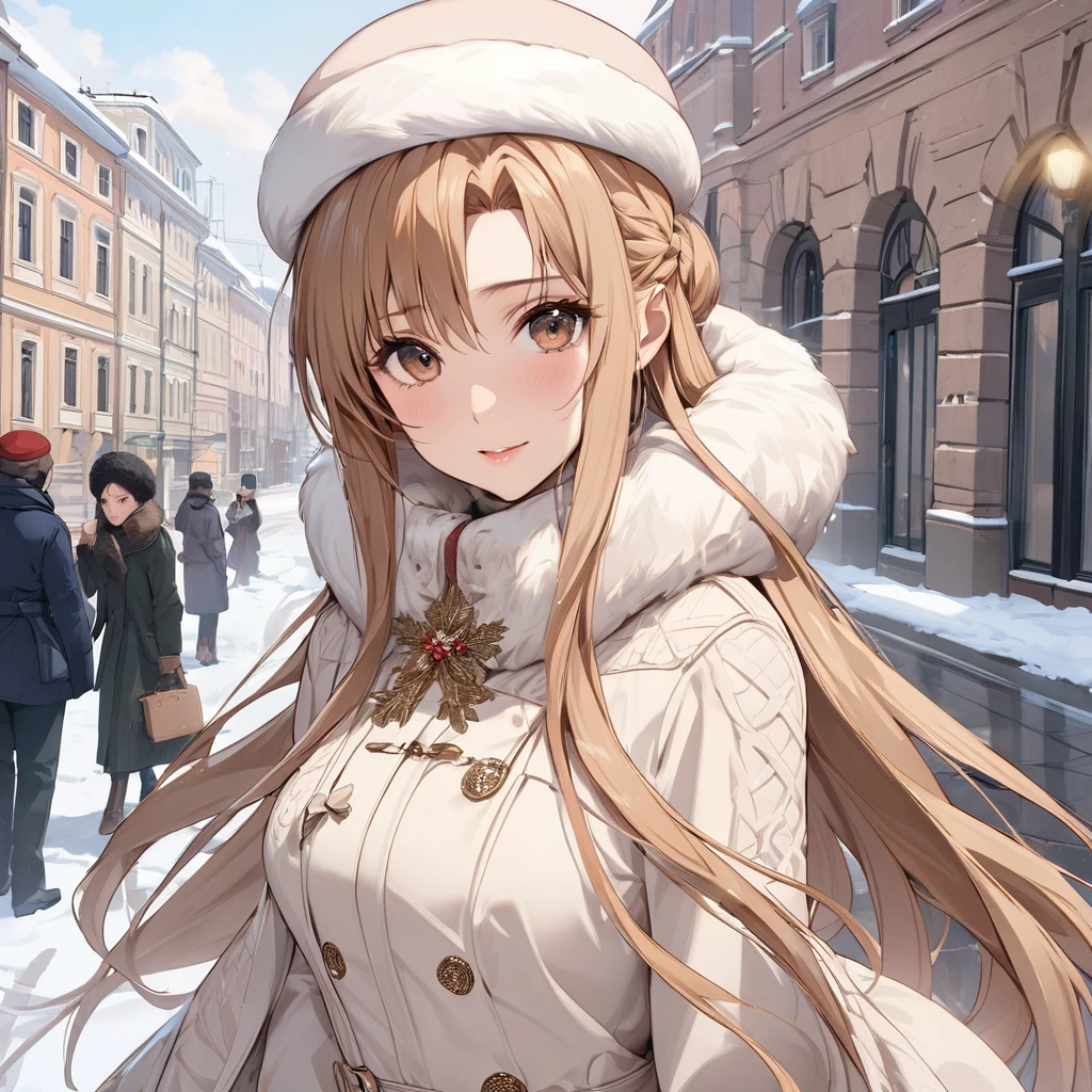 (work of art) master piece, Detailed eyes, detailed lips, innocent smile, long fur jacket in black, a medieval dress in white and red, with a super voluminous skirt, full princess skirt, high collar, which covers the body from neck to toe, covered neck