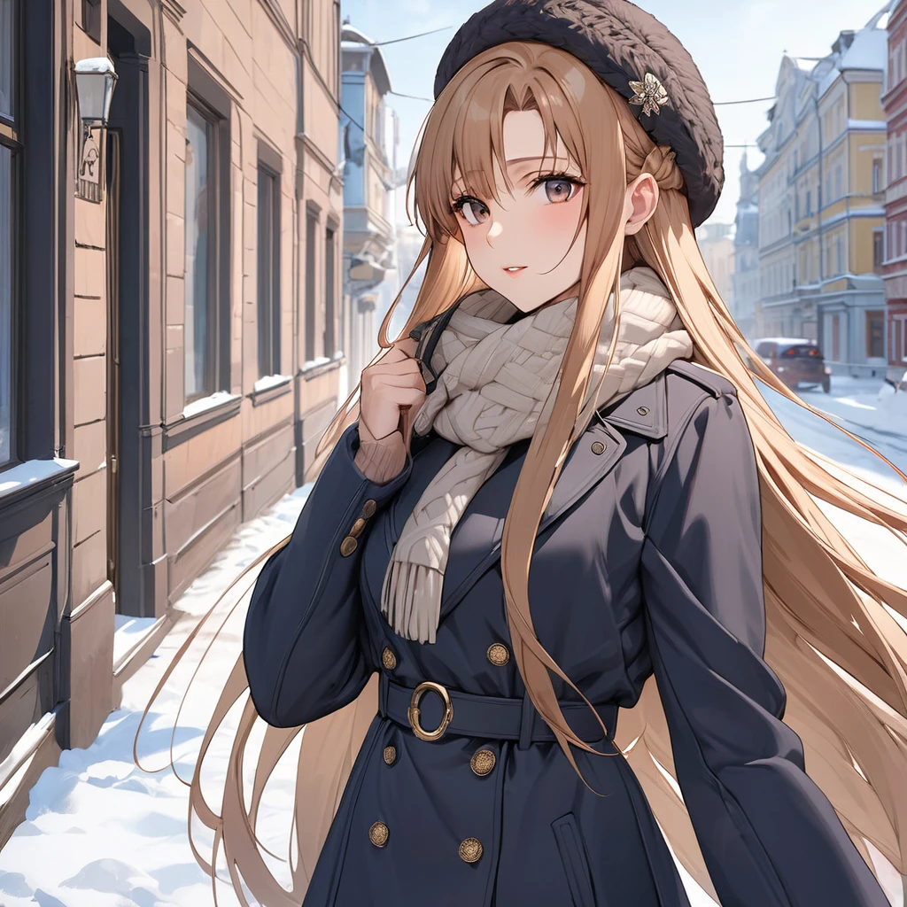 ((Highest quality)), ((masterpiece)), (detailed), （Perfect Face）、The woman is Yuuki Asuna, a Russian with light brown, semi-long hair.、In a Russian city in winter, a woman is beautifully dressed in everyday Russian winter clothes, a Russian hat, and luxurious accessories.